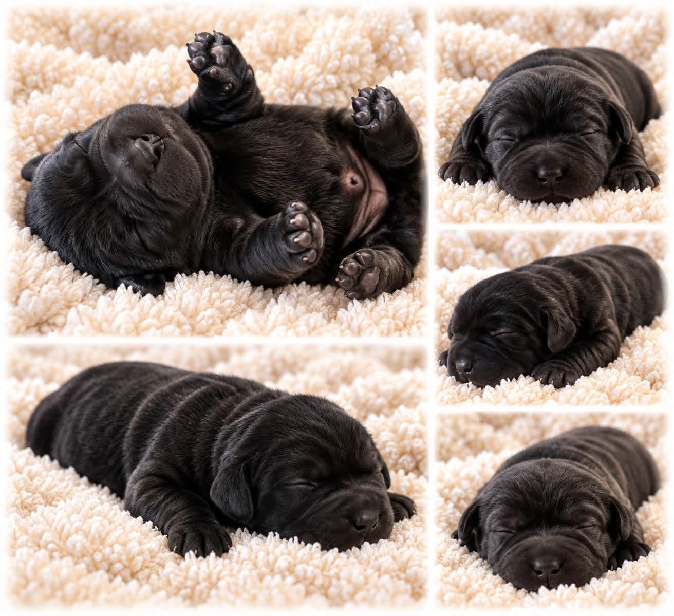 Photo collage of Buddy, a black Labrador puppy, resting on a cream blanket