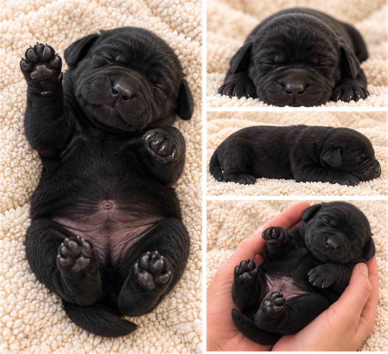 Photo collage of Coal, a black Labrador puppy, resting on a cream blanket