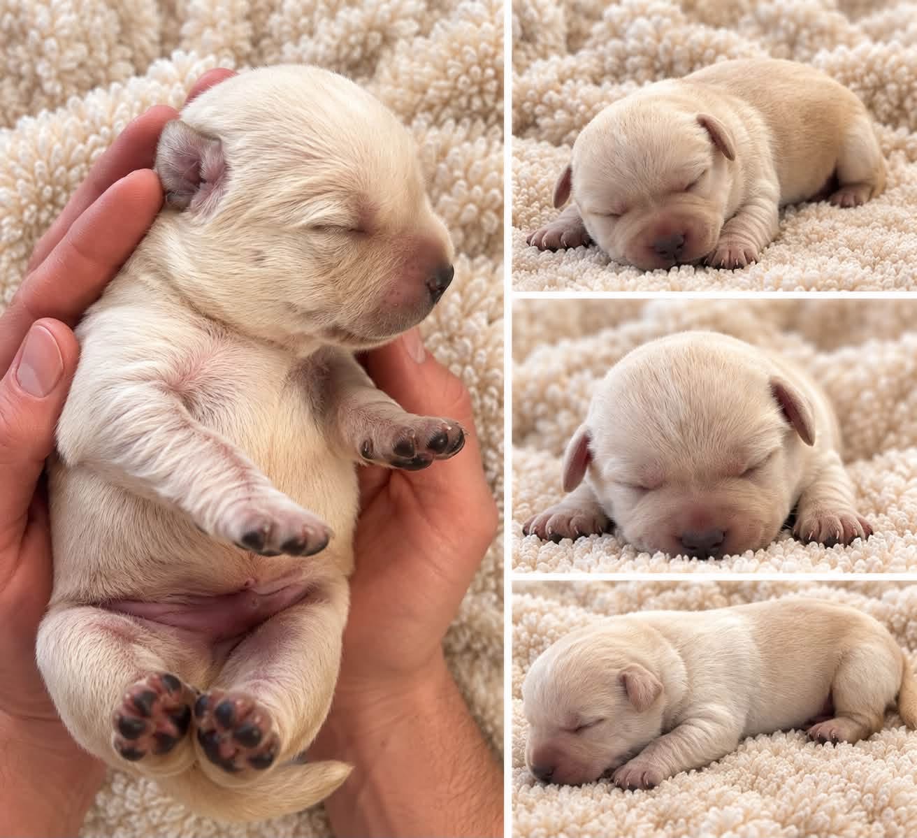 Photo collage of Frosty, a yellow Labrador puppy, resting on a cream blanket