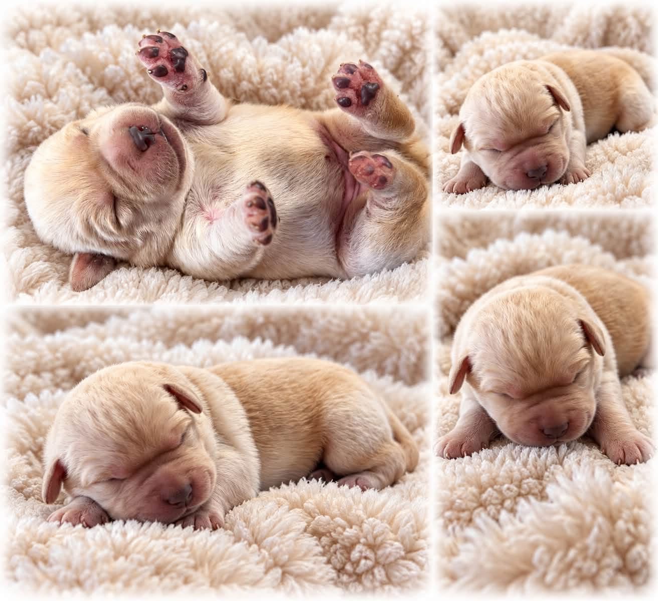 Photo collage of Holly, a yellow Labrador puppy, resting on a cream blanket