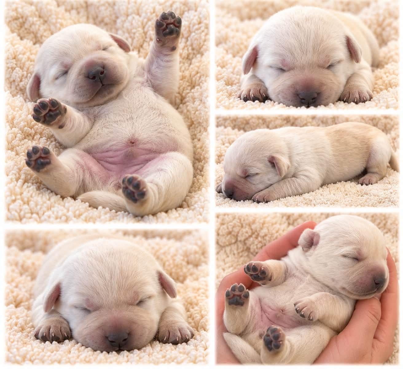 Photo collage of Rudy, a yellow Labrador puppy, resting on a cream blanket